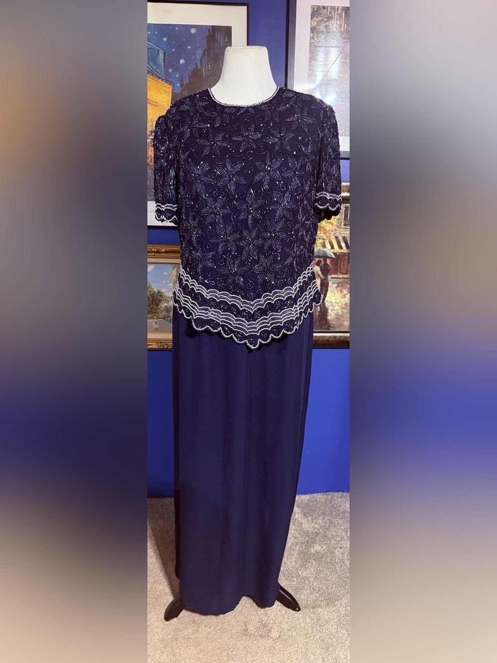 David's Bridal Navy Beaded Maxi Dress with Scalloped Lace